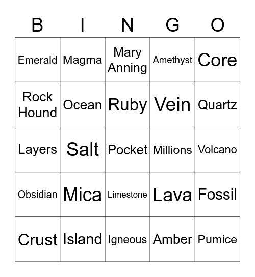 Rocks and Minerals Bingo Card