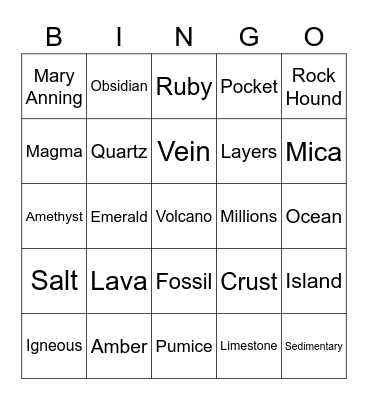 Rocks and Minerals Bingo Card