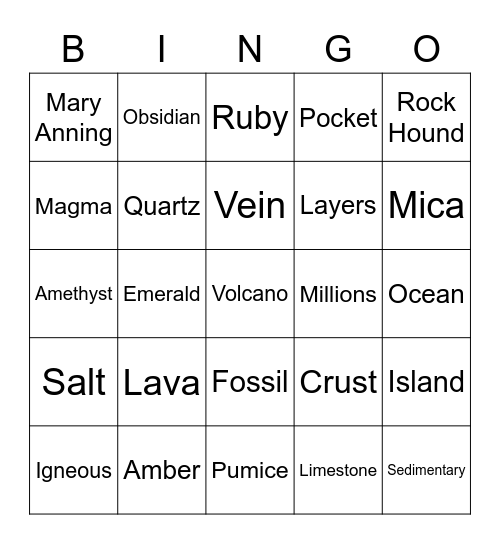 Rocks and Minerals Bingo Card