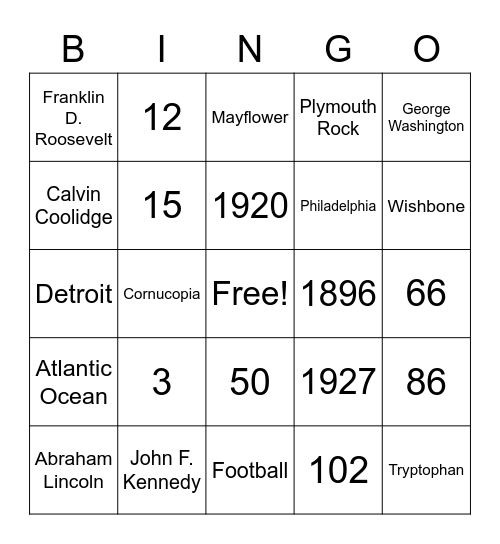 Thanksgiving Trivia BINGO Card