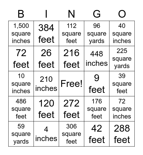 Area/Perimeter Bingo Card
