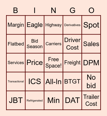 Highway Services Bingo Card