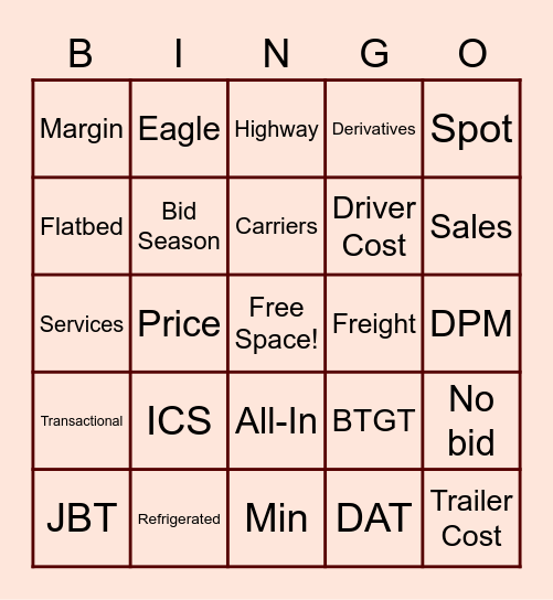 Highway Services Bingo Card