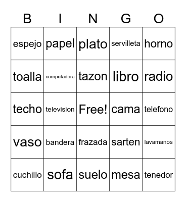 Spanish object words Bingo Card