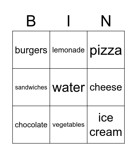 Food Bingo Card