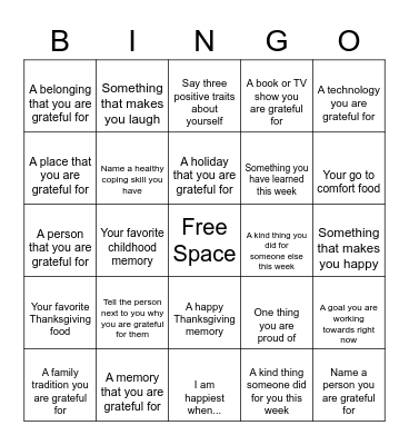 Gratitude Bingo Card