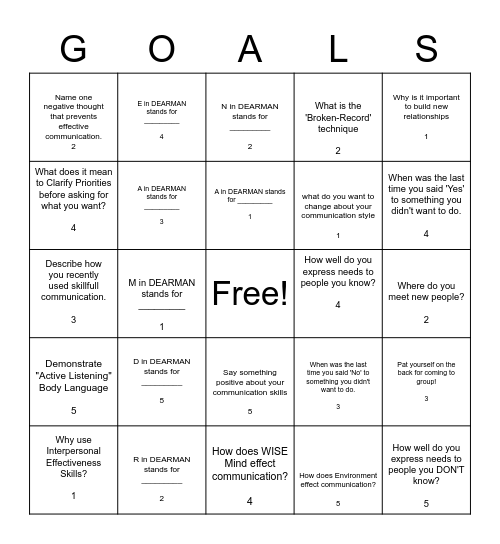 Communication Bingo Card