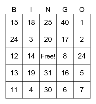 Number Bingo Card