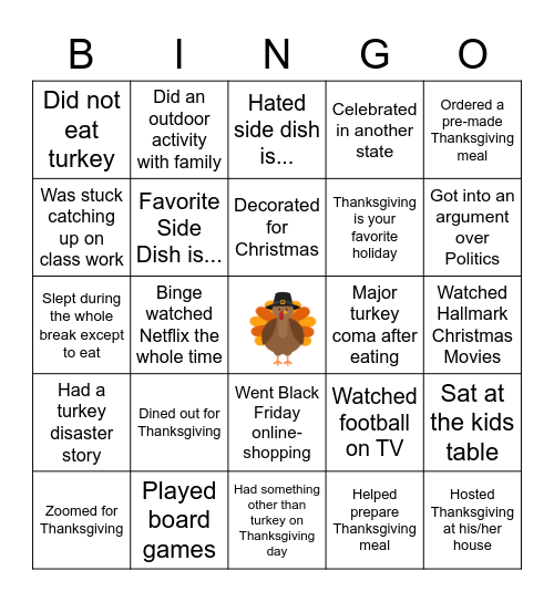 What did you do over Thanksgiving Break? Bingo Card