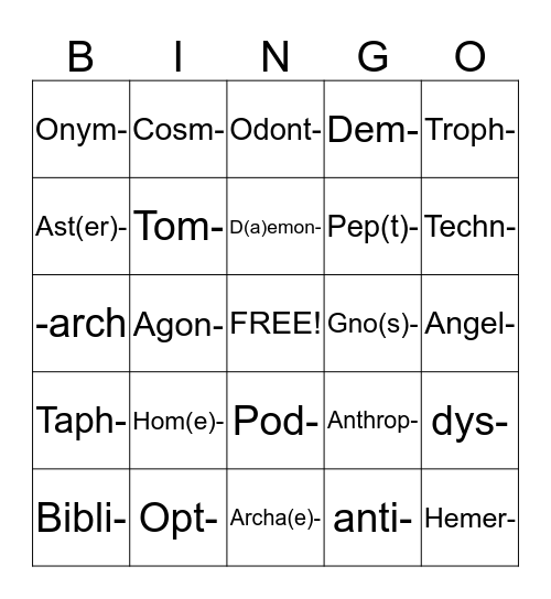 Greek Word Part Bingo Card