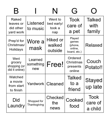 Weekend BINGO Card