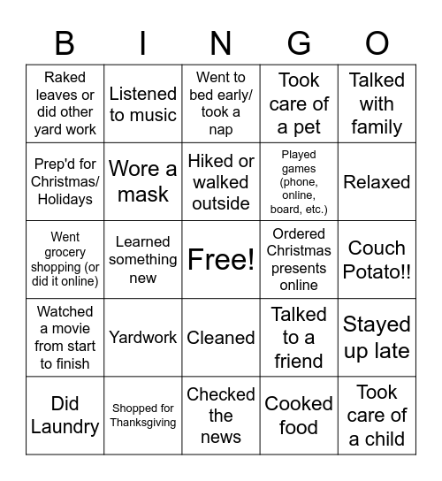 Weekend BINGO Card