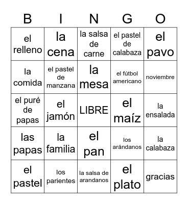 Dia de Gracias Bingo Card