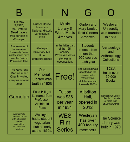 Wesleyan Fun Facts Bingo Card