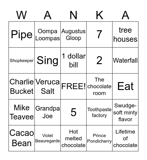 Charlie and the Chocolate Factory Bingo Card