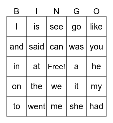 Sight Words Bingo Card