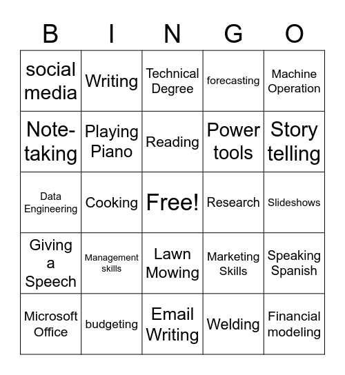 Hard Skills Bingo Card