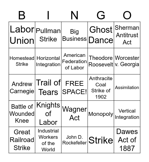 Big Business, Labor Unions, and Native Americans Bingo Card