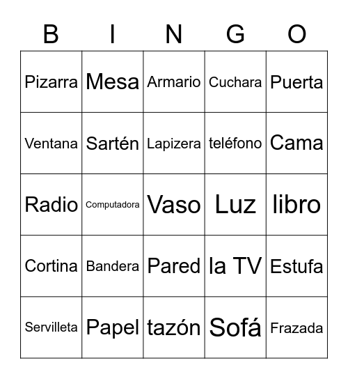 Objetos en el Cuarto Bingo Card