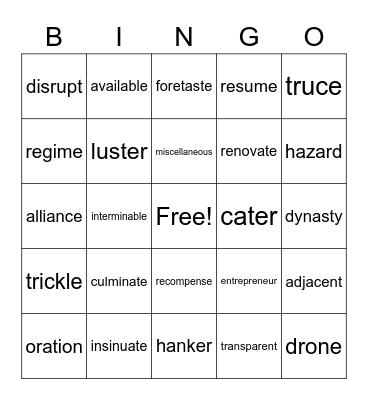 Vocabulary Bingo Card