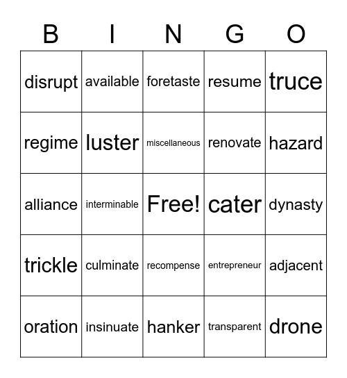 Vocabulary Bingo Card