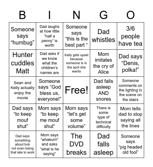 Christmas Carol bingo Card