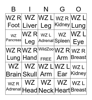 WildZoo Body Part Bingo Card