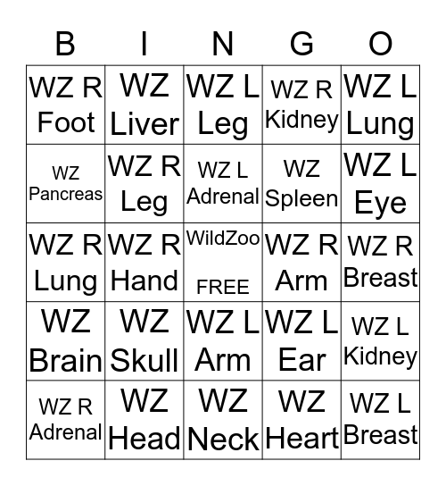 WildZoo Body Part Bingo Card
