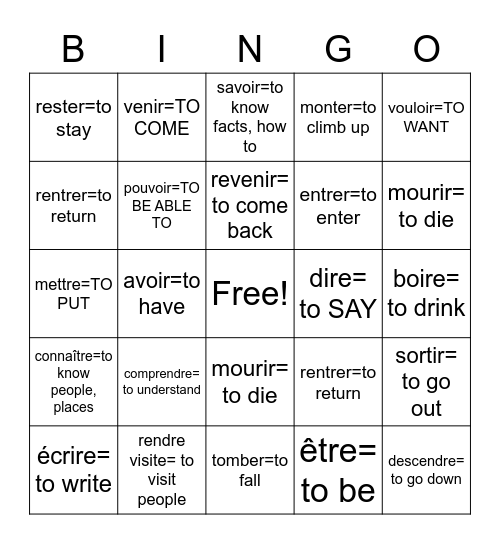 french vocab Bingo Card
