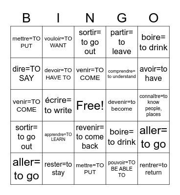 faire= to do  être= to be  avoir=to have aller= to go offrir= to offer pouvoir=TO BE ABLE TO vouloir=TO WANT devoir=TO HAVE TO venir=TO COME devenir=to become revenir= to come back savoir=to know facts, how to connaître=to know people, places boire= to Bingo Card