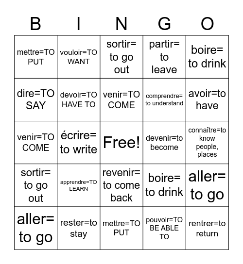 faire= to do  être= to be  avoir=to have aller= to go offrir= to offer pouvoir=TO BE ABLE TO vouloir=TO WANT devoir=TO HAVE TO venir=TO COME devenir=to become revenir= to come back savoir=to know facts, how to connaître=to know people, places boire= to Bingo Card