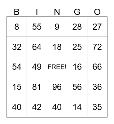 Multiplication Bingo Card