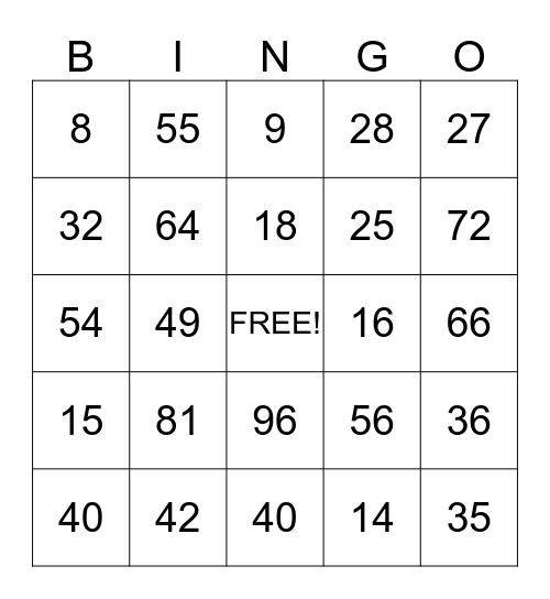 Multiplication Bingo Card