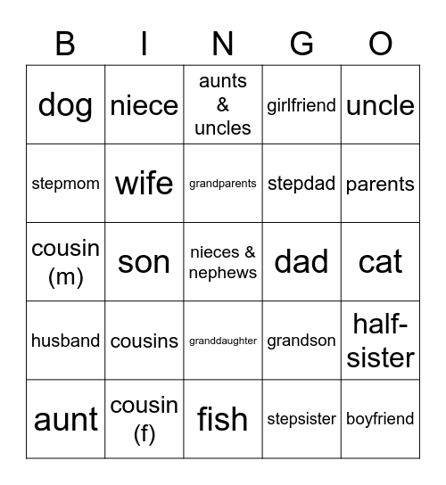 la familia Bingo Card