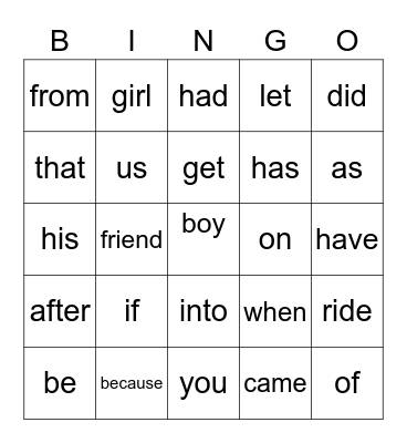 November Sight Words Bingo Card