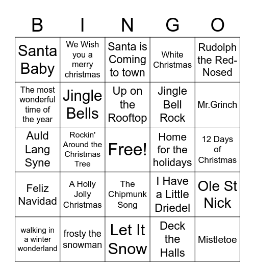 Holiday Music Bingo Card