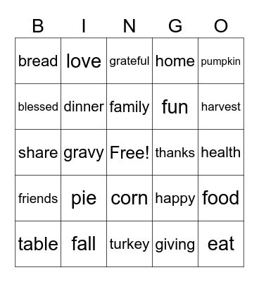 Thanksgiving BINGO Card