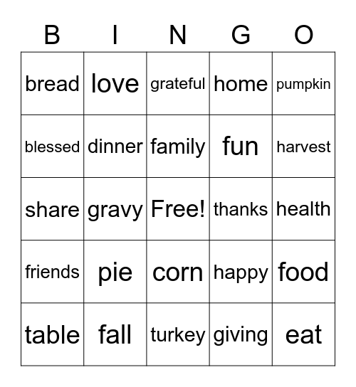 Thanksgiving BINGO Card