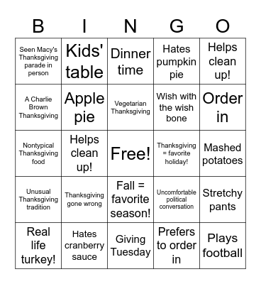 ToKen Thanksgiving Bingo Card