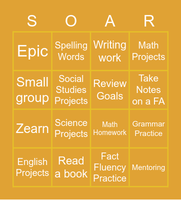 6th Grade Activity Sheet Bingo Card