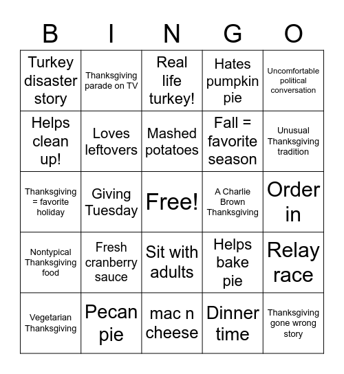 ToKen Thanksgiving Bingo Card