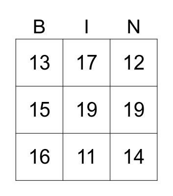 Teen Number Bingo Card