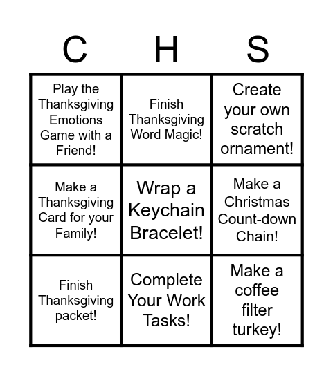 CHS Thanksgiving Bingo Card