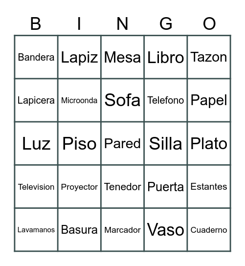 Objetos en el Cuarto Bingo Card