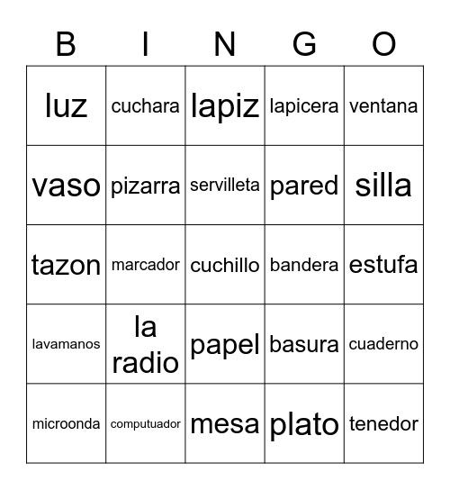 Objectos en el cuarto Bingo Card