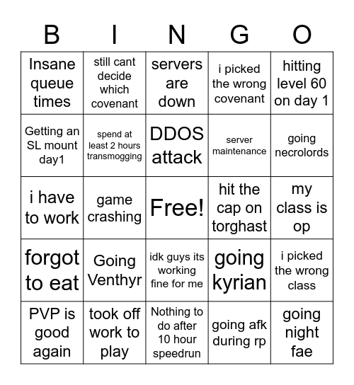 Shadowlands Bingo Card