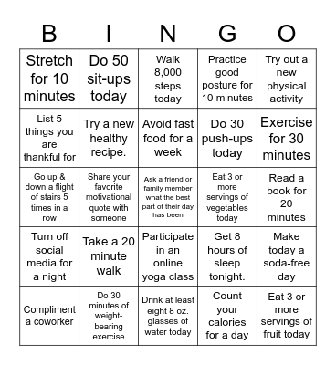 Healthy Heart & Mind Bingo Card