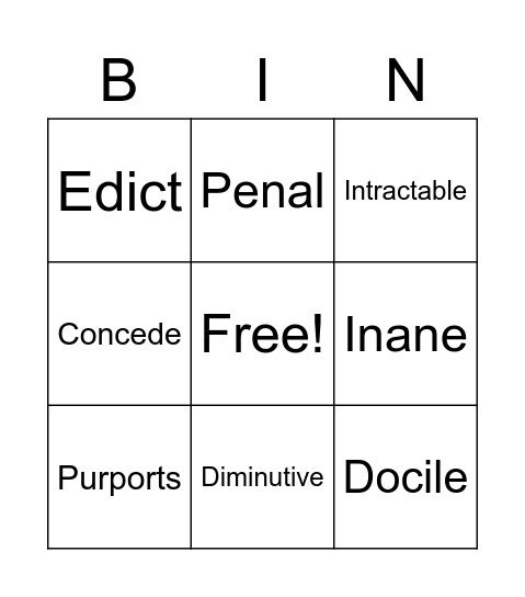 ACT Words Bingo Card