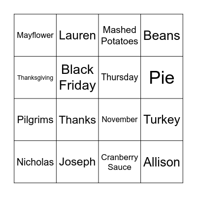 Thanksgiving! Bingo Card