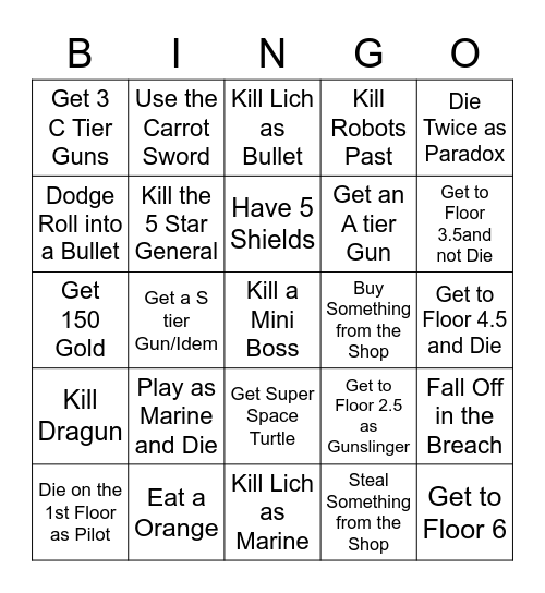 Enter the Gungeon Bingo Card